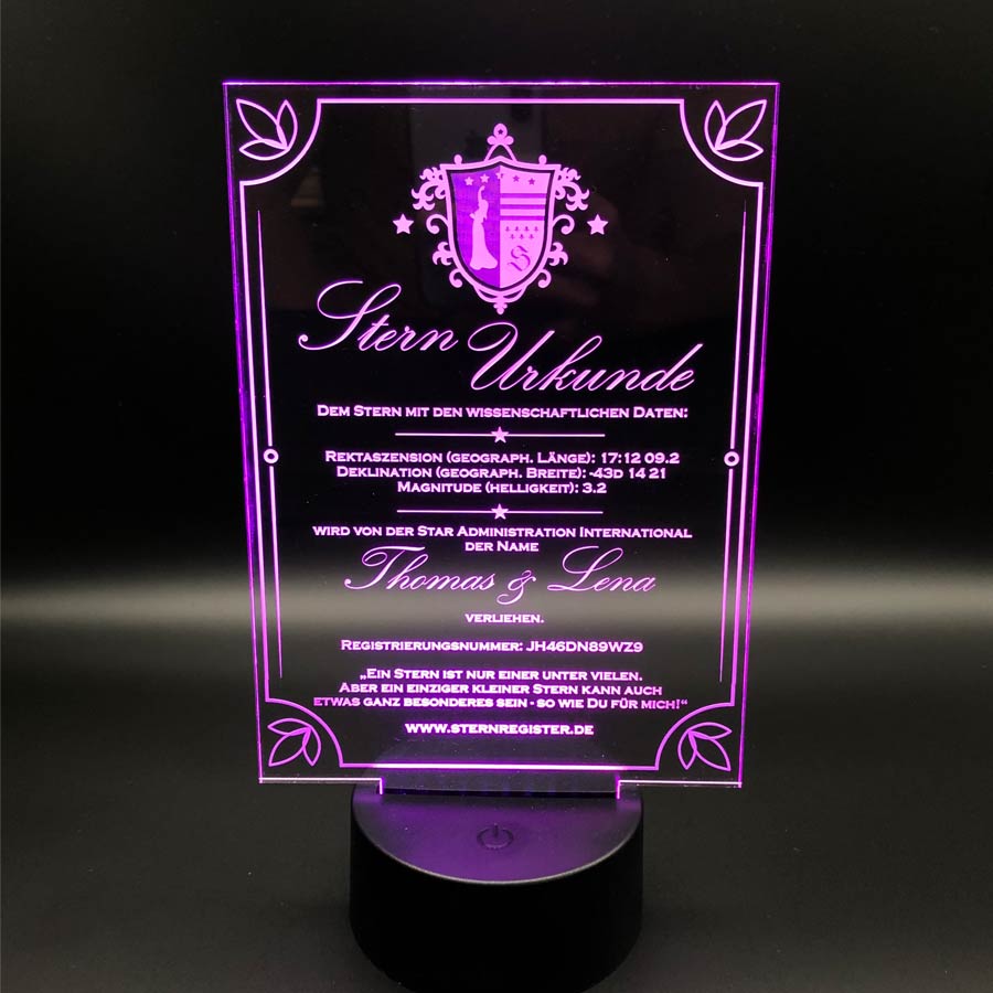 Sternurkunde aus Acrylglas mit LED - Beleuchtung Sternurkunde aus Acrylglas mit Beleuchtung